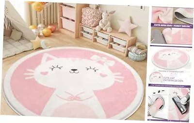 Kids Round Rug Washable Area Rugs Nursery Rug For Baby Boys 4 Ft Pink Cat • $59.02