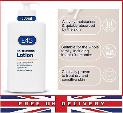 New E45 Moisturising Lotion Pump - 500g - Dermatological - Skin Care Cream • £7.99