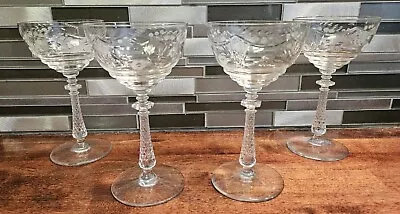 Set Of 4 Vintage Etched Floral Design Crystal Wine Cocktail Glasses Fancy Stems • $35