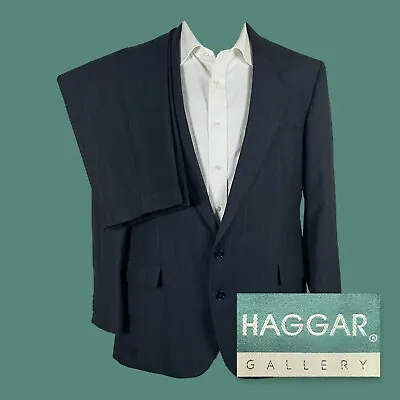 Vintage Haggar 2 Piece Suit Mens 44R 38x25 Blue Stripe Two Button Pleated • $66.83