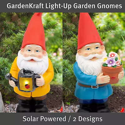 GardenKraft Solar Light-Up Garden Gnomes / Classic Garden Ornaments / 2 Styles • £20.99