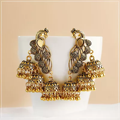 Retro Golden Peacock Bell Jhumka Indian Bollywood Ethnic Dangle Earrings Jewelry • $7.69