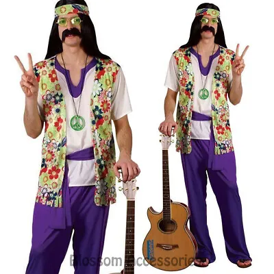 K272 Hippie Mens 60's 70's Disco Peace Groovy Halloween Fancy Dress Up Costume • $35.04