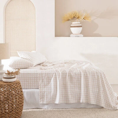 $62 • Buy New Habitat Gingham Natural Printed Flannelette Sheet Set