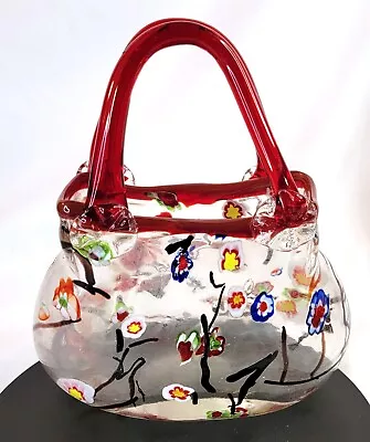 Vintage Floral Murano Style Hand Blown Art Glass Purse Handbag Millefiori 8.5x7  • $15