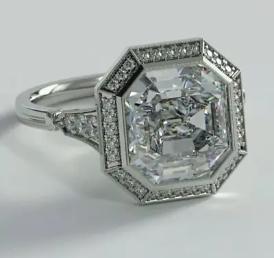 Men's 3Ct Emerald Cut Real Moissanite Halo Engagement Ring 14K White Gold Plated • $137.69