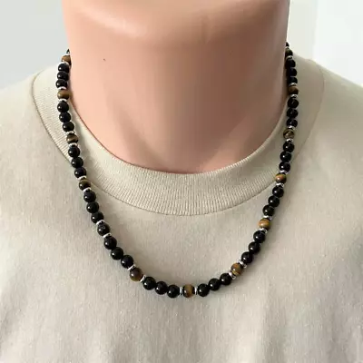 Black Onyx And Tigers Eye Beaded Mens Necklace • $28