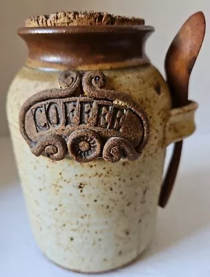 Vintage Hand Crafted Art Pottery Coffee Canister Signed With Cork & Wood Spoon. • $31.50