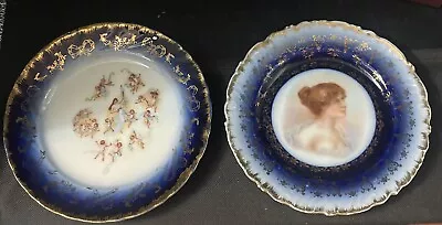 2 Victoria Carlsbad Austria 6  Antique Flow Blue Plates Cherubs & Portrait • $19.95