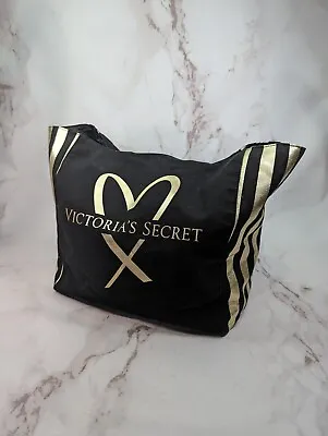 Victorias Secret Tote Bag Black Gold Large Striped Spell Out Sparkle Glitter • $8.39