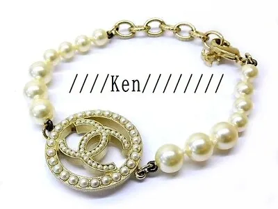 CHANEL Bracelet Bangle AUTH Coco CC Vintage Rare Gold Pearl A17A Logo Circle F/S • $769.99