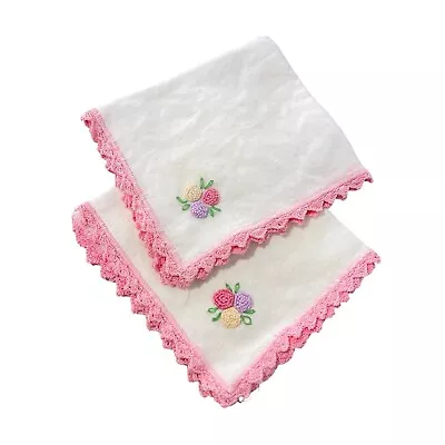 Vintage Floral Embroidered Handkerchief Lot Of 2 Crochet Lace Trim White Pink • $14.99