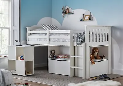 White Mid Sleeper Kids Cabin Bed Storage Bed With Desk And Shelves Bookcase • £629.99