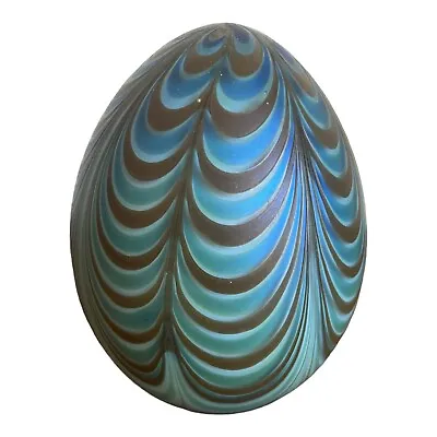 Vandermark Iridescent Swirl Blue Art Glass Egg 1977 Blown Glass Marked & Dated • $85