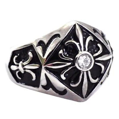 Fleur De Lis Signet Ring Cubic Zirconia Stainless Steel Band Sizes 9-15 • $12.99