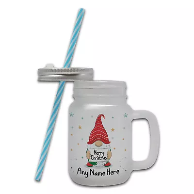 Personalised Merry Christmas Any Name Gnome Novelty Gift Glass Mason Jar Mug • £8.99