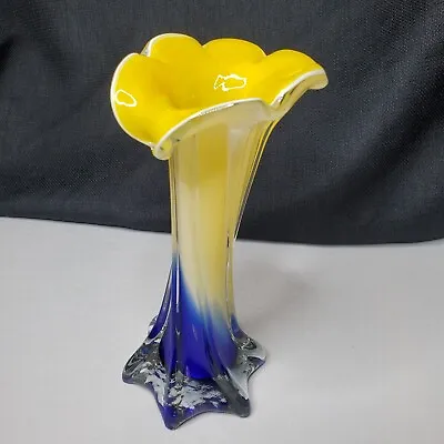 Vintage Murano Art Glass Jack In The Pulpit Bud Vase Calla Lilly Yellow Blue 7” • $34.95