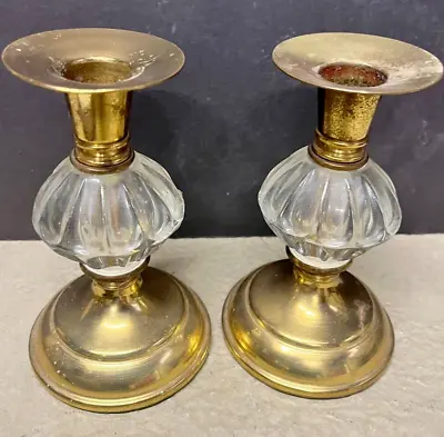 Pair Of 6  Vintage Brass And Glass Taper Candlestick Holders Felt Bottom • $18.99