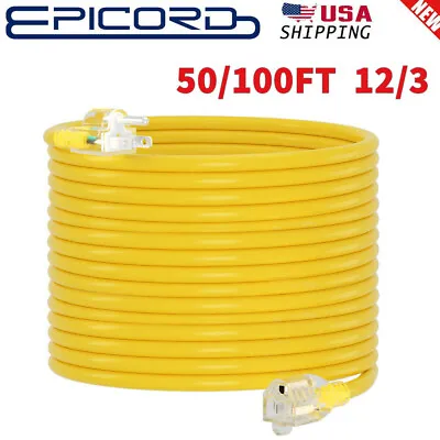 50/100 Ft Extension Cord 12/3 Gauge SJTW Outdoor Heavy Duty Power Cables Yellow • $68.99