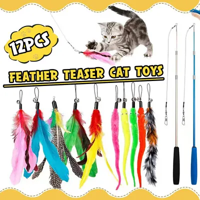12PCS Kitten Cat Feather Toy Bell Wand Teaser Rod Interactive Play Pet Toys Gift • $12.56