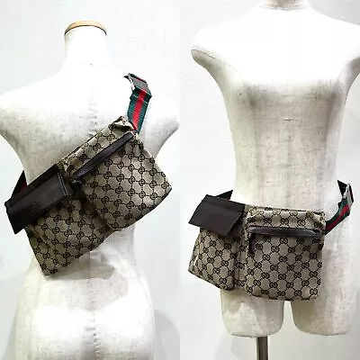 GUCCI GG Canvas Waist Bag Pouch Shoulder Belt Brown Leather Unisex With Dust Bag • $380