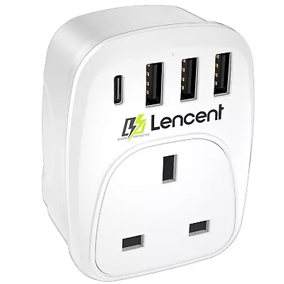 LENCENT USB Plug Charger UK With 1 Type C And 3 USB Ports 1 Way Socket Extension • £14.99