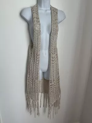 Mossimo Supply Co Beige Open Front Sleeveless Vest Fringe Womens L Festival Boho • $17.25