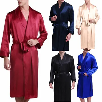 Mens Long Sleeve Satin Silk Pajamas Kimono Bathrobe Robe Dressing Gown Sleepwear • $16.44