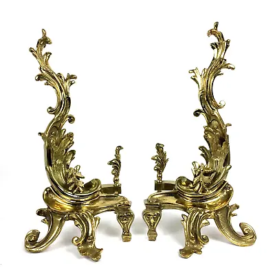 Andirons Rocco / Louis XV Vintage Solid Brass Acanthus Leaves Fireplace Chenets  • $399