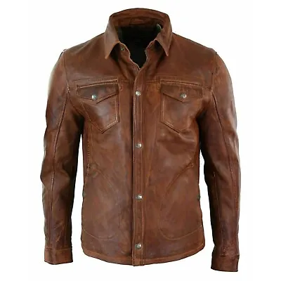 Men's Genuine Lambskin Real Leather Soft Slim Fit Brown Full Sleeve Biker Shirt • $114.99