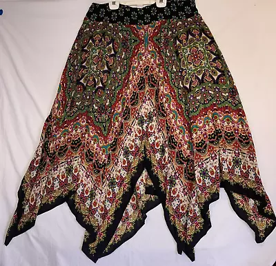 Bila Boho Handkerchief Long Skirt Size XL  Green Black Red White India • $18.99