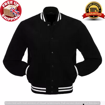 Black Wool Letterman College Bomber Baseball Varsity Jacket Rib Black/White • £69.99