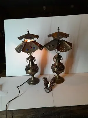 Two  Unique Brass Table Lamps    Morroccan Brass Semi Precious Stones • $200