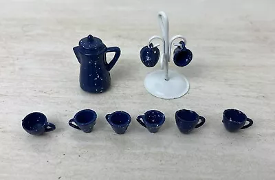 Vintage Dollhouse Miniature Blue Enamel Metal Coffee Tea Pot & 8 Cups And Stand • $24.95