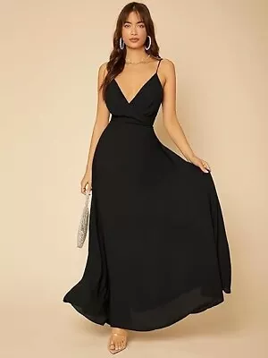 Shein Tall Wrap Cami Black Maxi Prom Gown Dress SIZE L - UK 12-14 NEW • £4.99