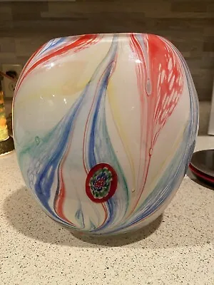 Murano Style Millefiore Art Glass Flower Vase Swirl Pattern Red Green & Blue • $75