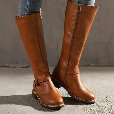 Womens Knee High Riding Boots Winter Ladies Zip Up Low Heel Wide Calf Boots • $59.11