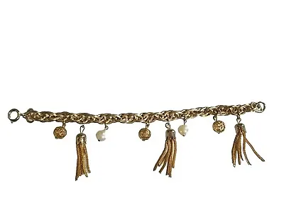 Vintage Gold Tone Gold Beads And Gold Color  Tassel Real Pearl's Bracelet  • $18