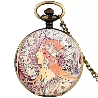 Retro Flip Watch Goddess Pattern Quartz Pocket Watch Chain Pendant Holiday Gift • $25.98