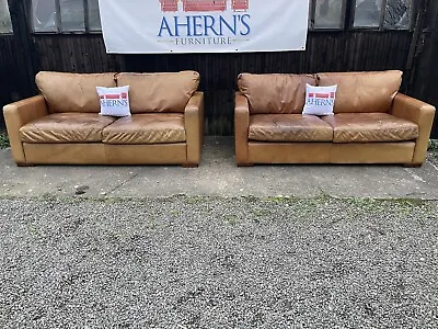 *Pair Of Tan Leather Halo Sofa (IDAHO) FREE DELIVERY 🚚* • £960