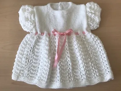 Hand Knitted Dress Age 0-3 Months White With Pink Ribbon • £9