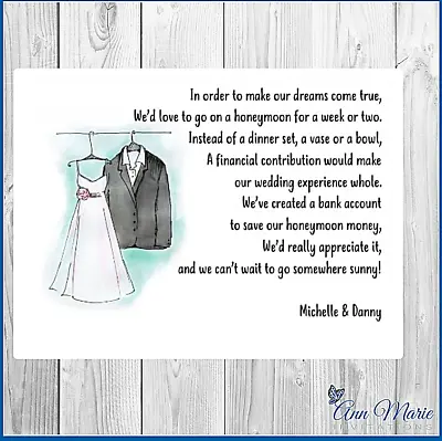 50 Personalised Wedding Money Poem / Honeymoon Wish Poems Card Poem/ Gift  Cards • £8.97