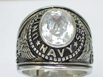 12x10 Mm United States Navy Military April Clear CZ Birthstone Men Ring Size 7 • $32.99