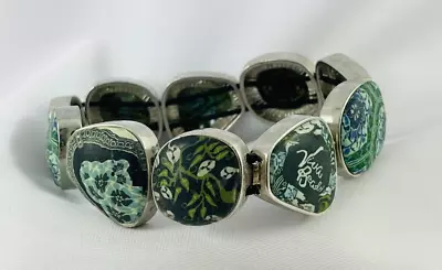 VIVA BEADS Silver Tone Blue Green Polymer Millefiori Panel Stretch Bracelet • $15