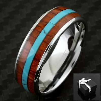 8mm Silver Tungsten Koa Wood W/ Turquoise Stripe Men's Wedding Band Ring • $14.99