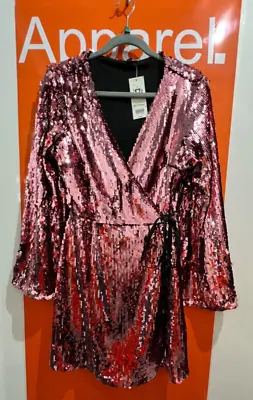 Miss Selfridge Sequin Wrap Mini Dress Pink Size 12 New With Tag RRP £89 Sf • $68.32
