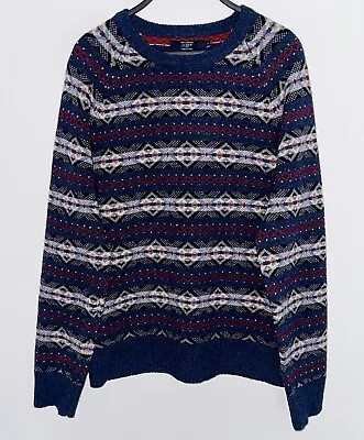 J CREW Mens 100% Lambswool Pullover Sweater Nordic Fair Isle Blue Multicolor L • $19.99