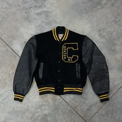 Vintage Delong Varsity Jacket Letterman 60s Wool Leather Black / Yellow 40 Small • $99.99