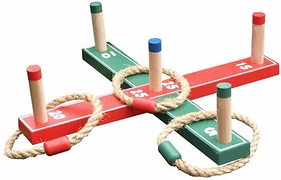 Wooden Quoits Ring Toss And 5 X Rope Rings Garden Hoopla Skill Game Family Set • £7.95