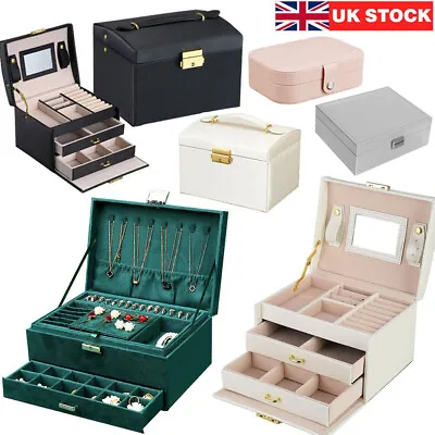 Large Jewellery Boxes Leather Storage Case Drawer Cabinet Necklace Organizer UK • £16.79